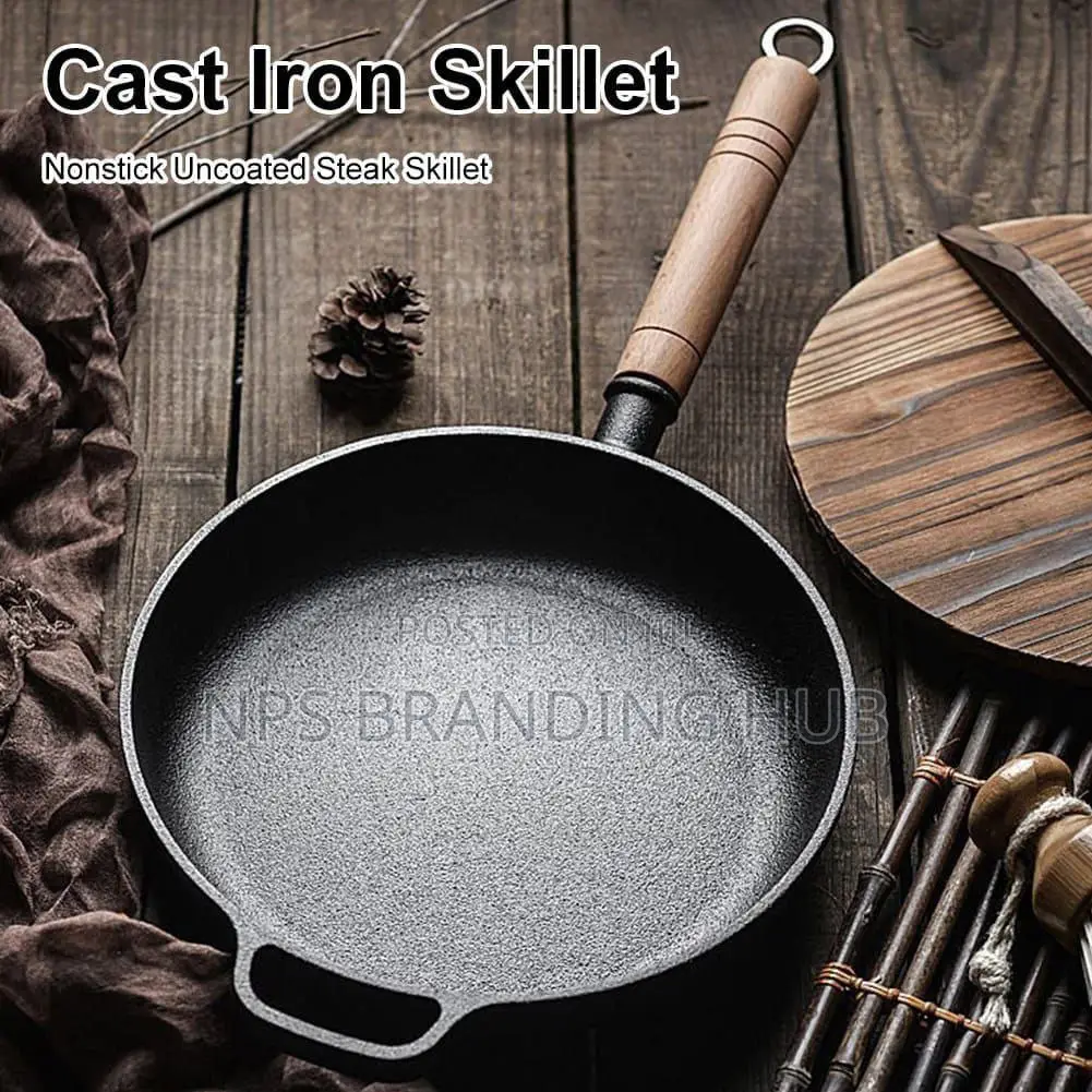 Thickened Cast Iron Frying Pan With Bamboo Lid Size 25,27,29cm(zn