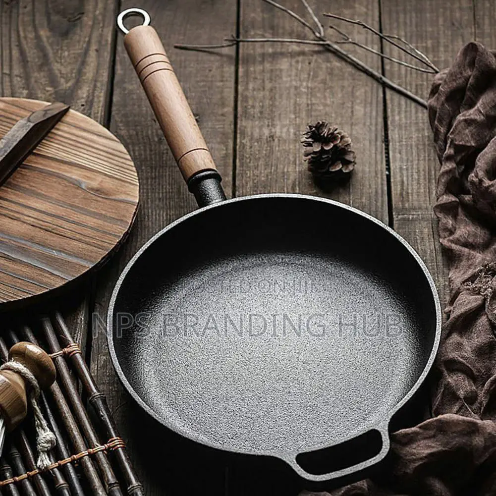 Thickened Cast Iron Frying Pan With Bamboo Lid Size 25,27,29cm(zn