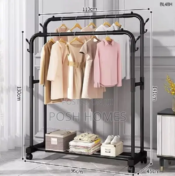 Double Pole Clothing Rack With Wheels Lower Storage