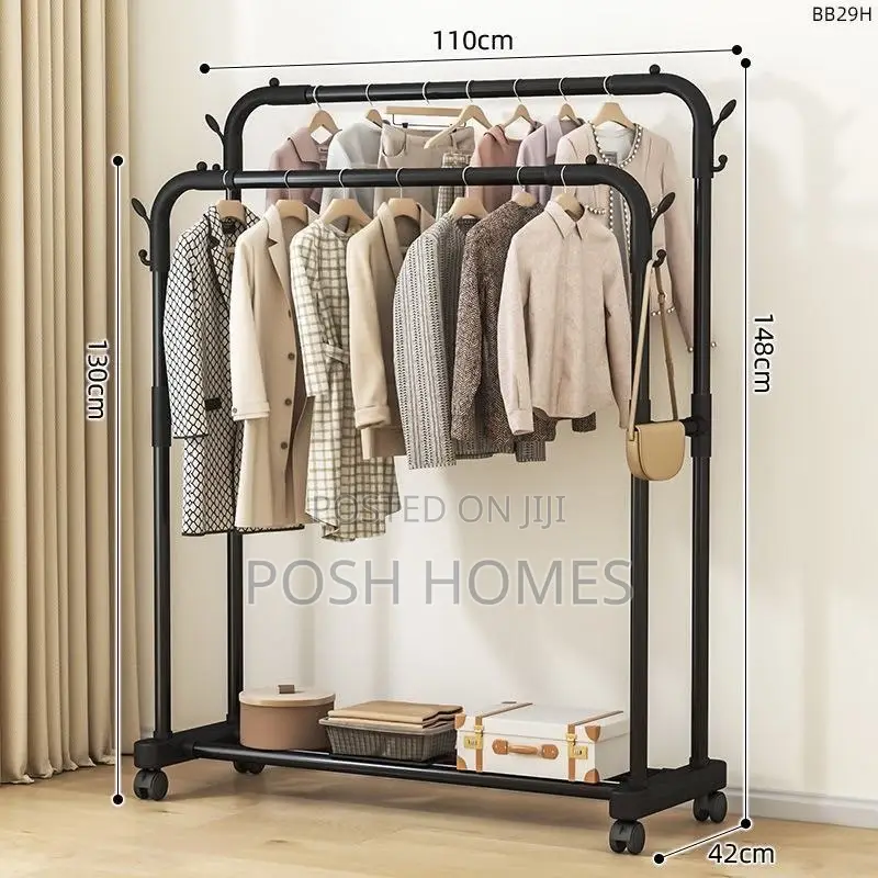 Double Pole Clothing Rack With Wheels Lower Storage