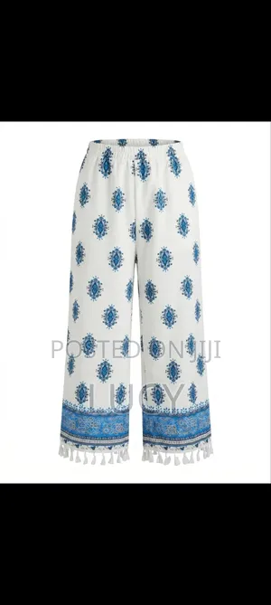 Women’s Bohemian Print Wide-Leg Trousers With Tassel Hem