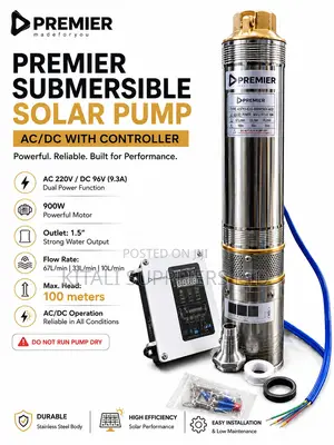 Premier 900W AC/DC Submersible Solar Water Pump With Controller – 100M