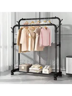 Double Pole Clothing Rack With Wheels Lower Storage Shelf for Shoes