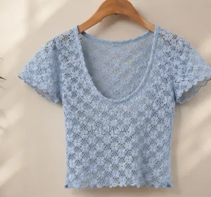 Ladies Sky Blue Floral Lace Crop Top