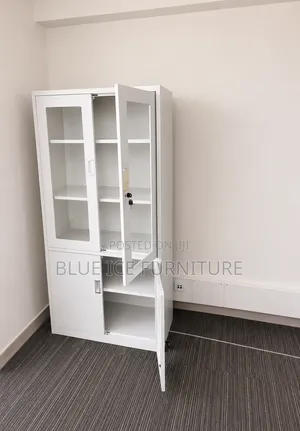 White Office Storage Cabinet With Glass Doors -Strong Secured