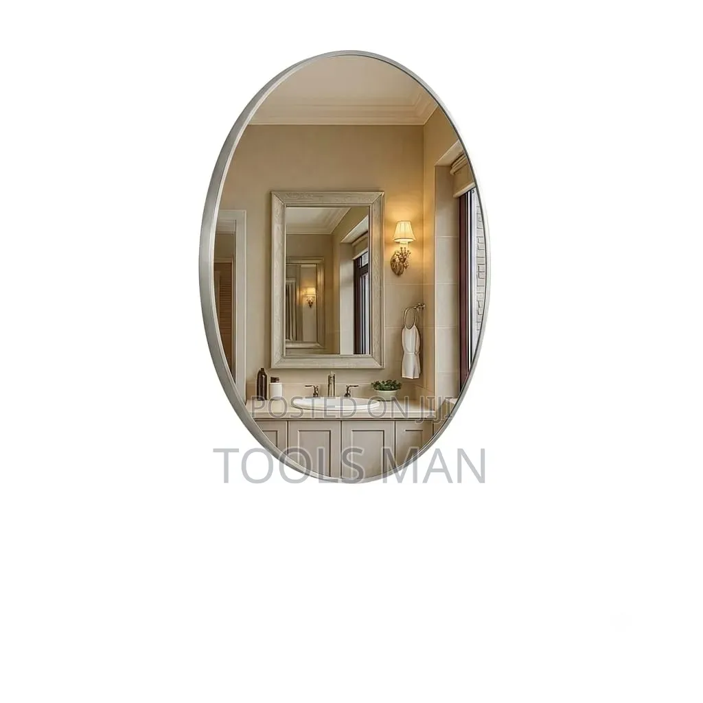 Modern Oval Wall Mirror - Brushed Silver Aluminum Frame.