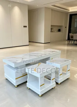 Modern Coffee Table With Glass/Marble Top + 2 Matching Stools