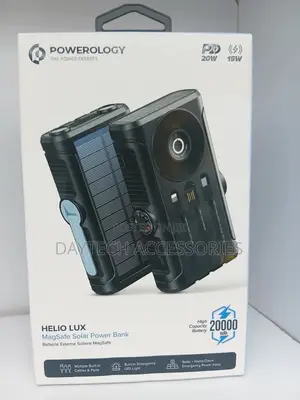 Powerology Helio Lux MagSafe Solar Power Bank (20,000 mAh) in Black.