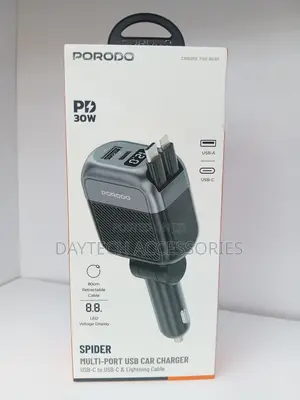 Porodo Spider Multi-Port Car Charger That Delivers 30W of Power.