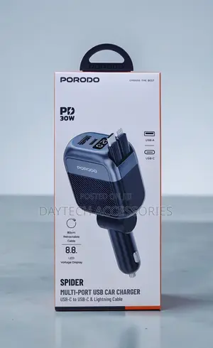 Porodo Spider Multi-Port Car Charger 30W Built-in Retractable Cable.
