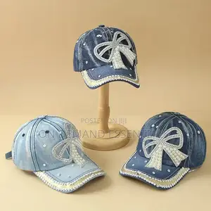 Bow Pearl Diamond Denim Baseball Cap