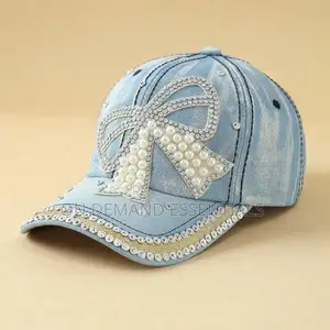 Bow Pearl Diamond Denim Baseball Cap