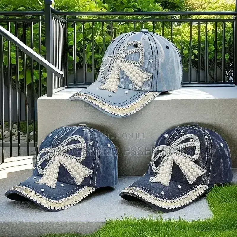 Bow Pearl Diamond Denim Baseball Cap