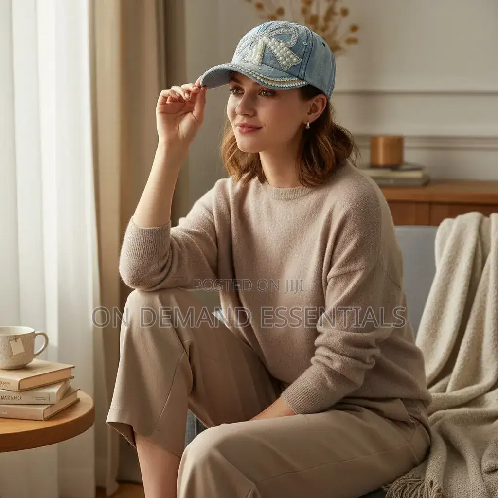 Bow Pearl Diamond Denim Baseball Cap