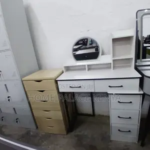 Vanity Table: White Vanity With Round Mirror and Metal Stand