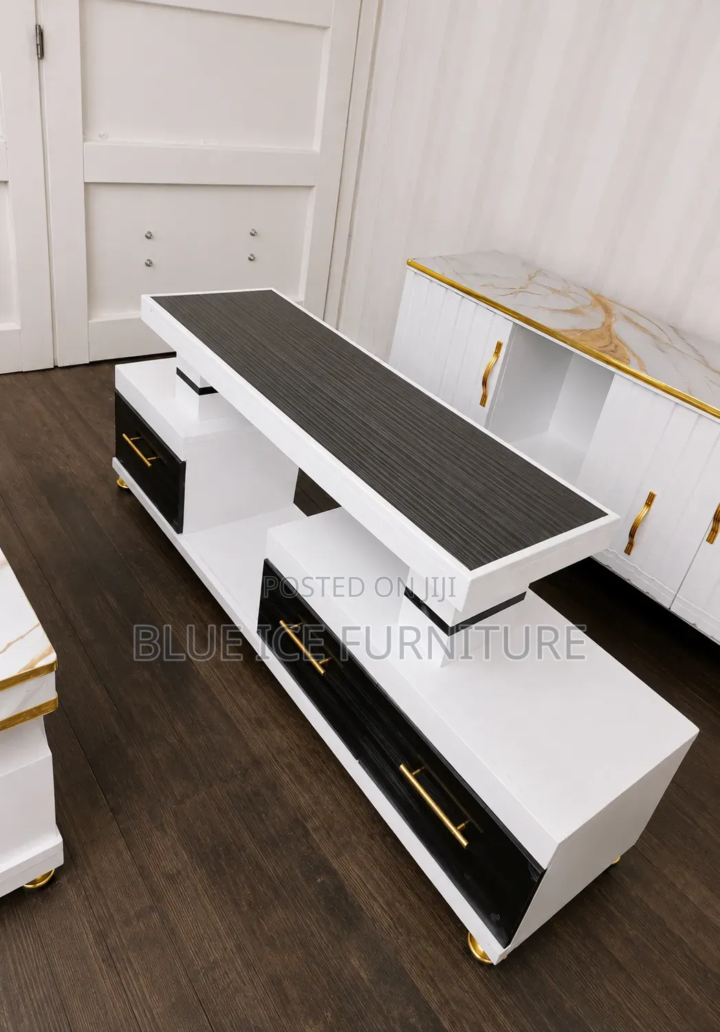 Stylish White Black Modern TV Stand With Led Lights