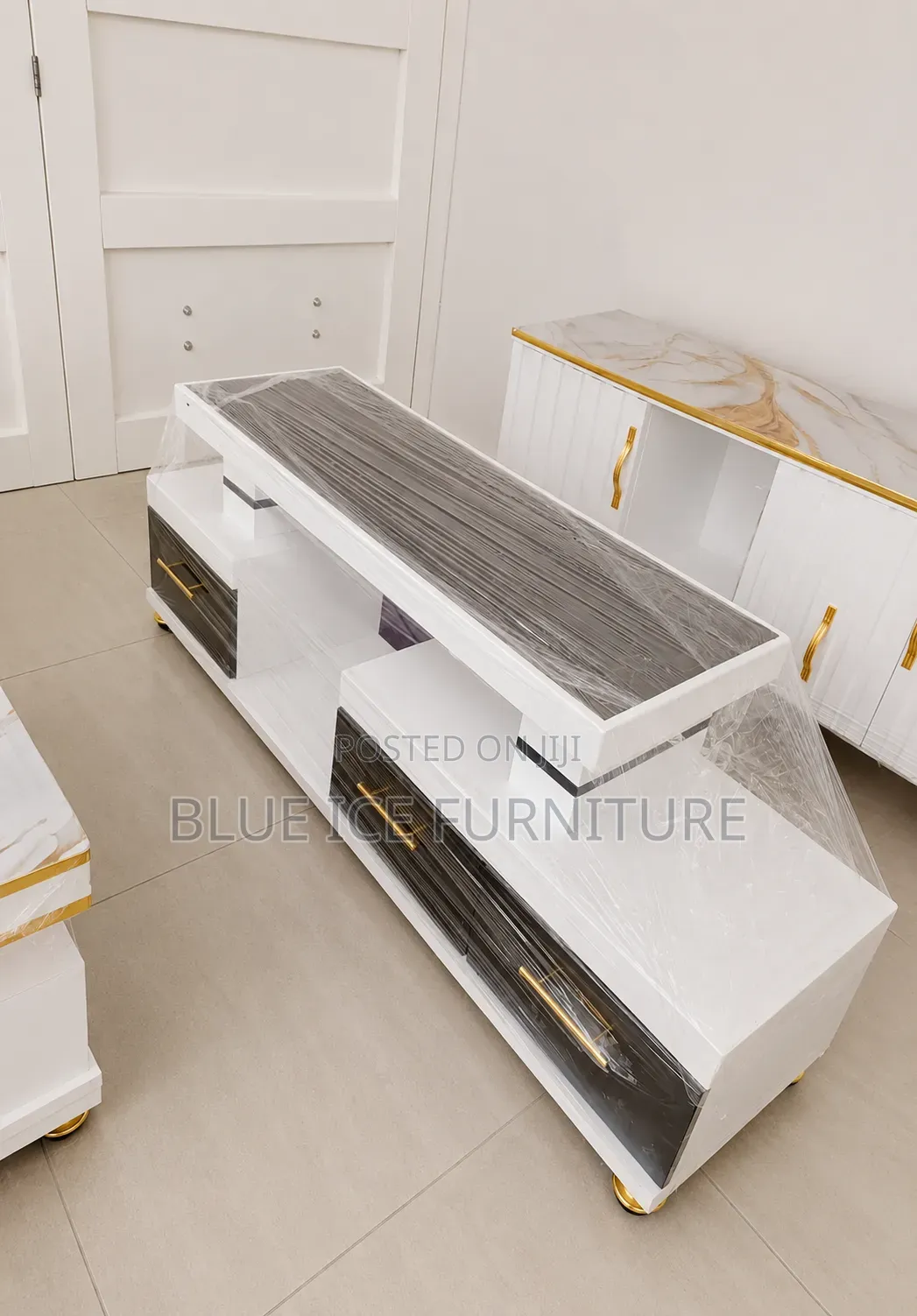 Stylish White Black Modern TV Stand With Led Lights