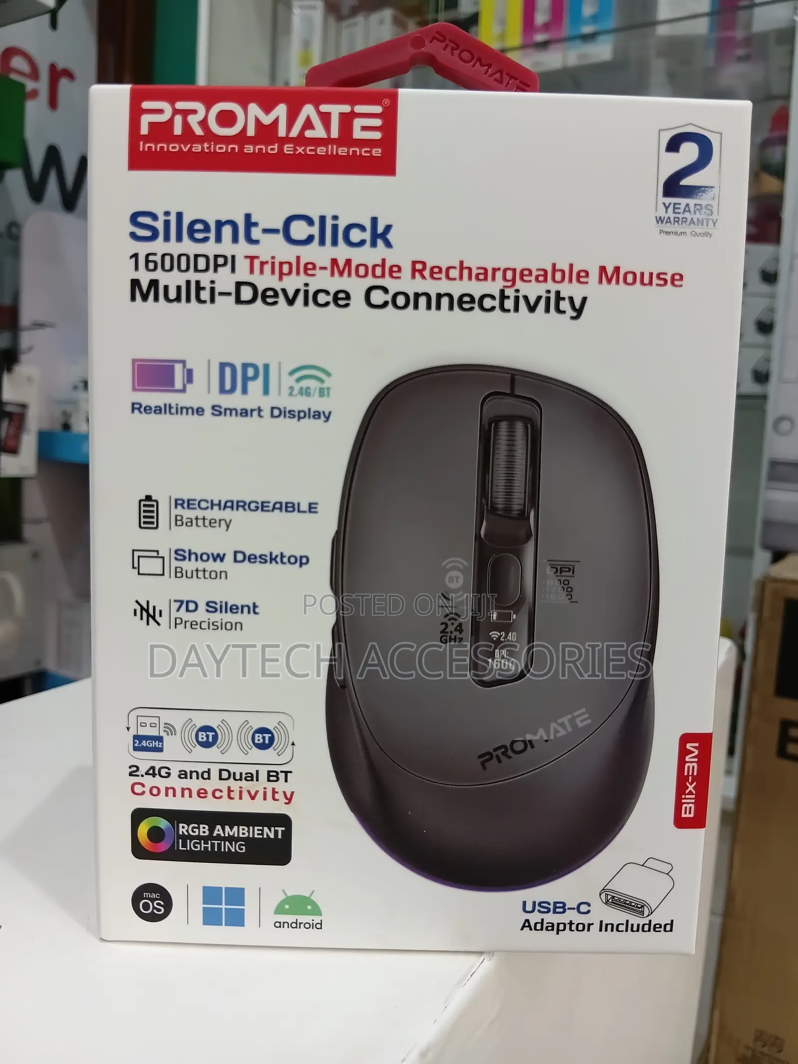 Promate Blix-3m Silent-Click Triple-Mode Rechargeable Mouse