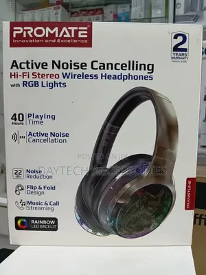 Promate Transtune-Gunmetal Headphones Anc Wireless With RGB