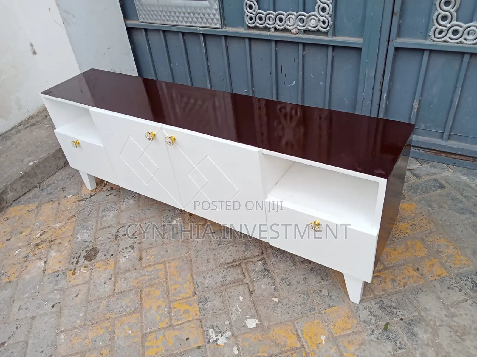 Brown and White TV Stand