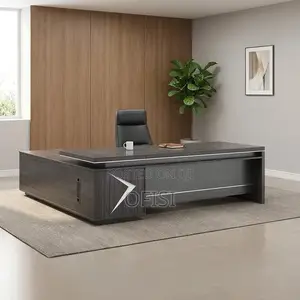 Office Desk; Modern L-Shape Executive Desk With Wood Sled Base