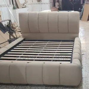 5x6 Beige Fabric Upholstered Bed