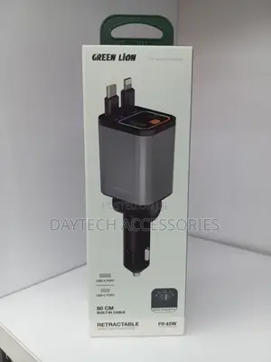 This Is a Green Lion Retractable Cables 45W PD Car Charger in Grey.