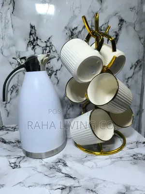 7pc Breakfast Flask Japanese Gold Rimmed Mug Set
