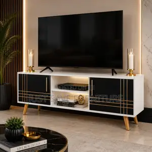Modern 5FT White Black TV Stand With Gold Accents