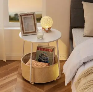 Side Table: Bamboo Top Nightstand With Fabric Basket for Essentials