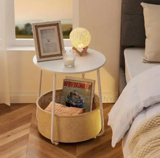 Side Table: Bamboo Top Nightstand With Fabric Basket for Essentials