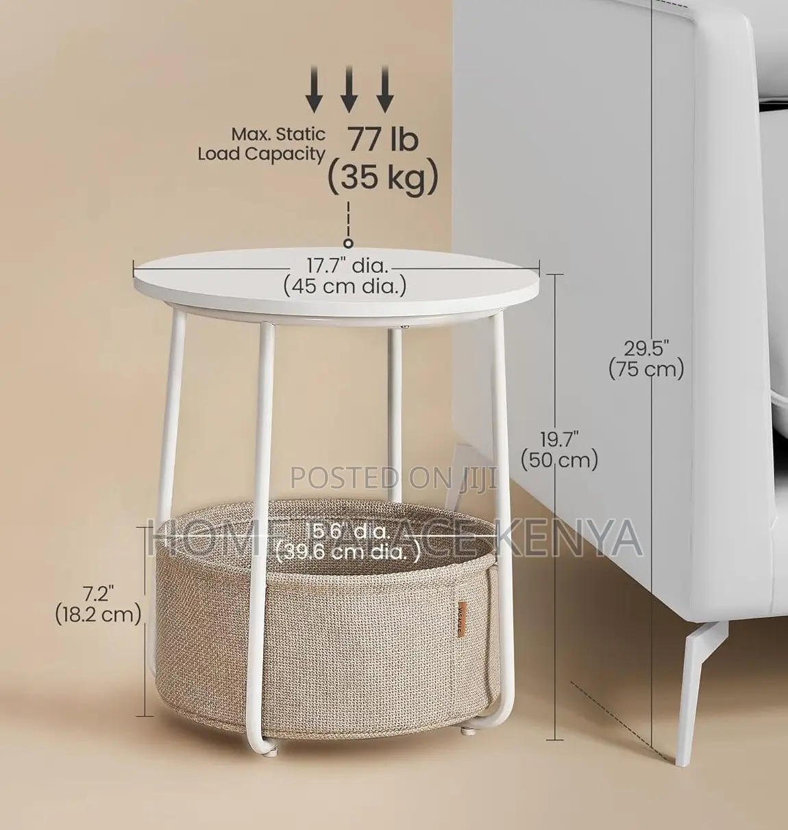 Side Table: Bamboo Top Nightstand With Fabric Basket for Essentials