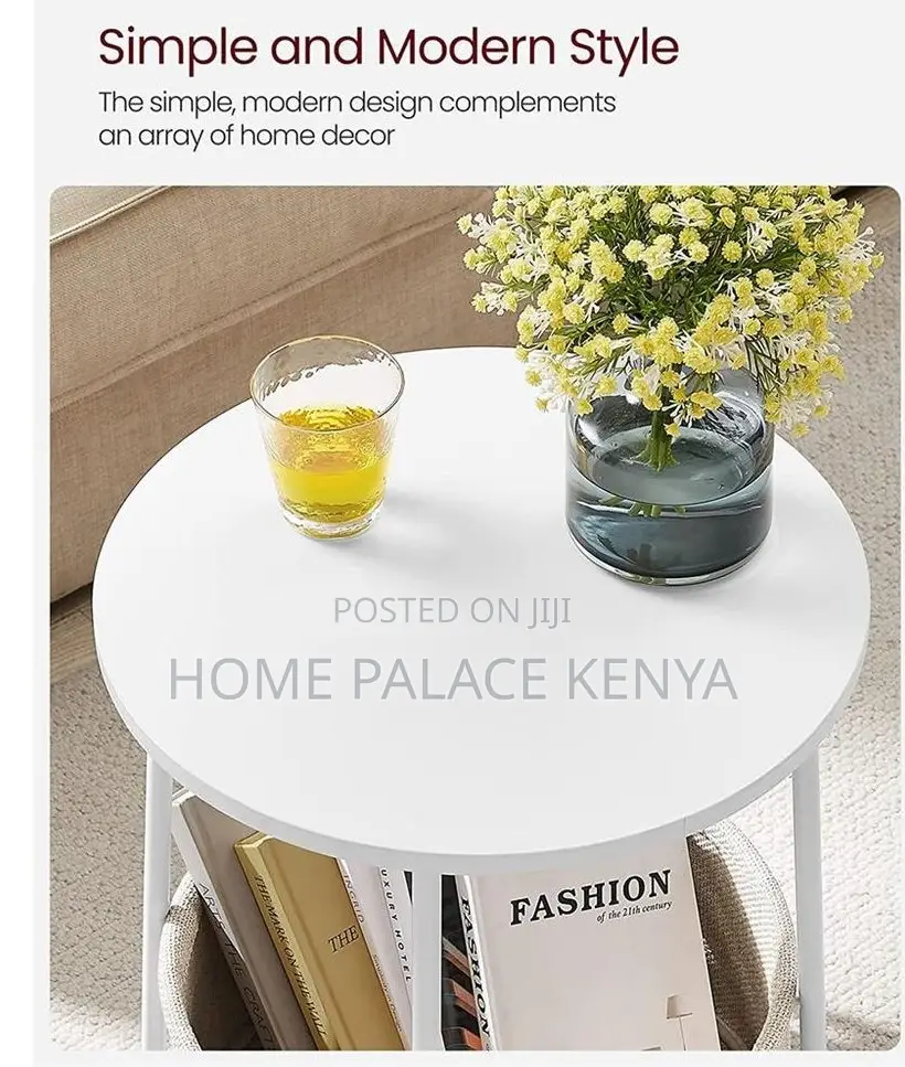 Side Table: Bamboo Top Nightstand With Fabric Basket for Essentials