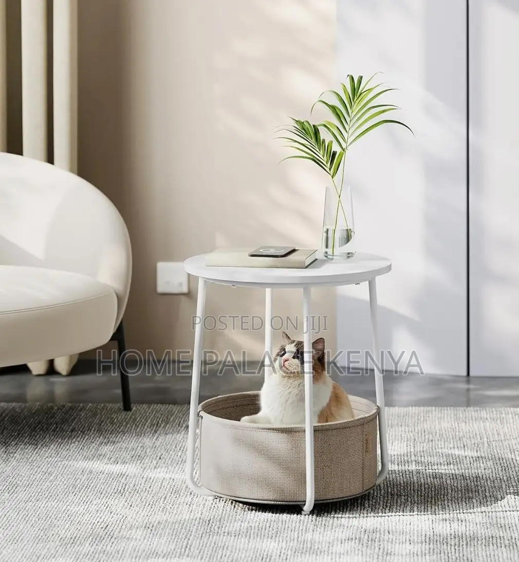 Side Table: Bamboo Top Nightstand With Fabric Basket for Essentials