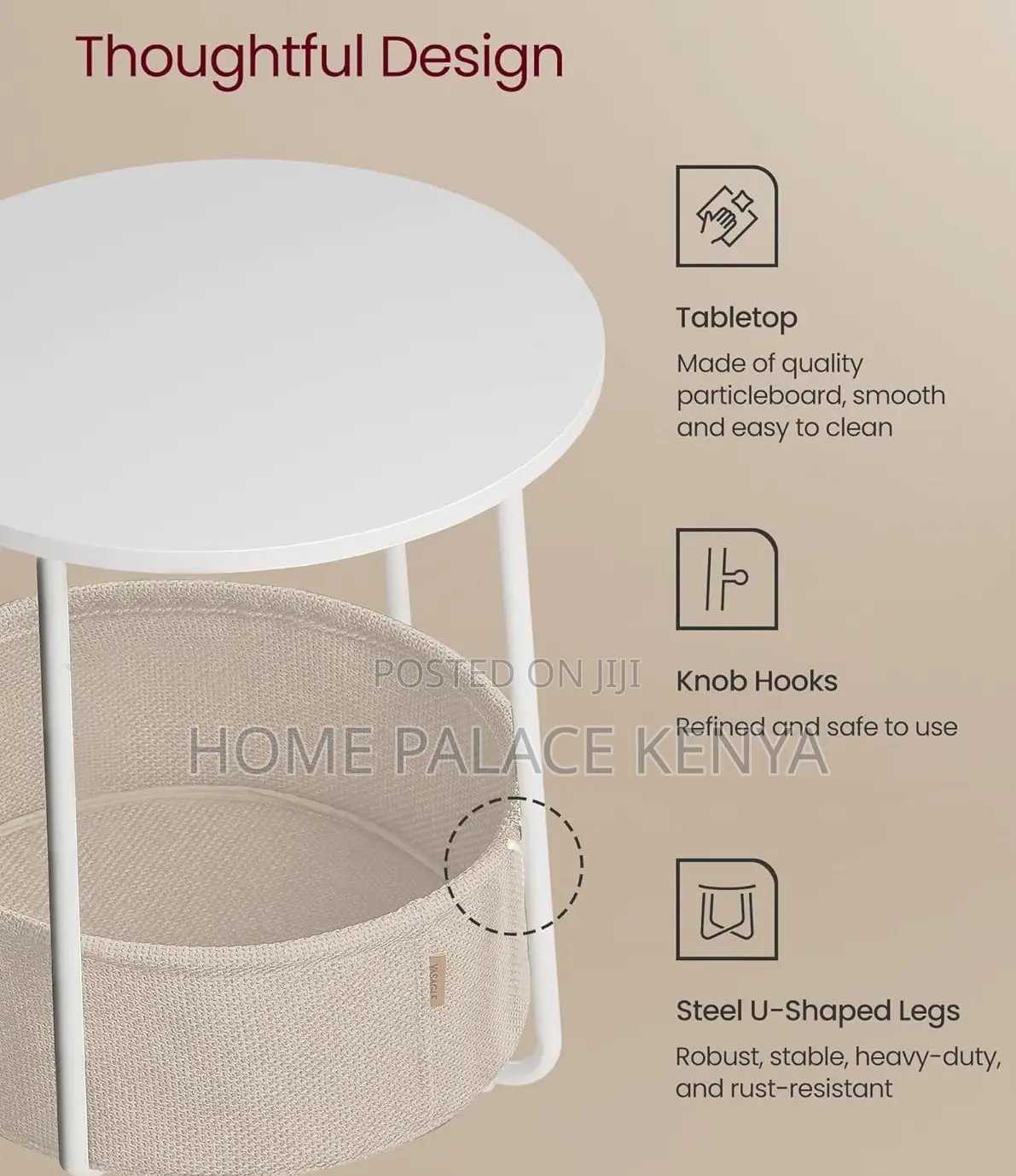Side Table: Bamboo Top Nightstand With Fabric Basket for Essentials