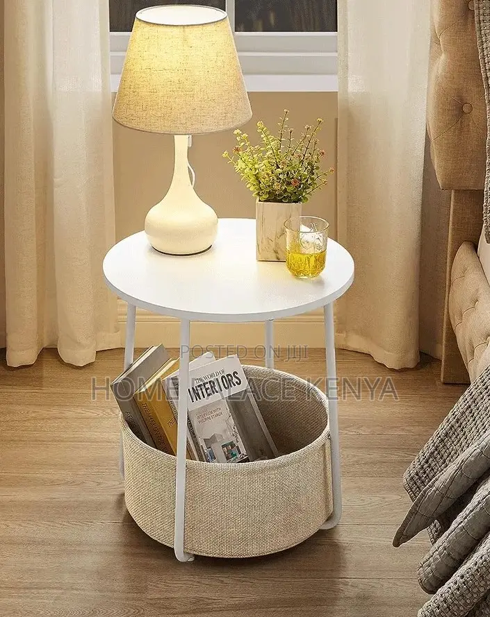 Side Table: Bamboo Top Nightstand With Fabric Basket for Essentials