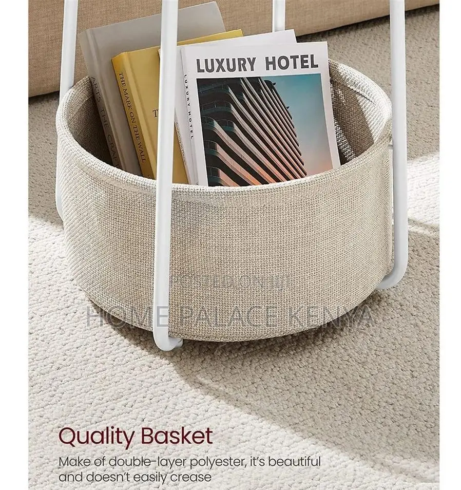 Side Table: Bamboo Top Nightstand With Fabric Basket for Essentials