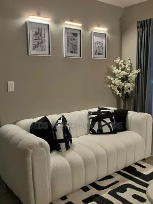 3-Seater Straight Sofa – White Textured Tufted