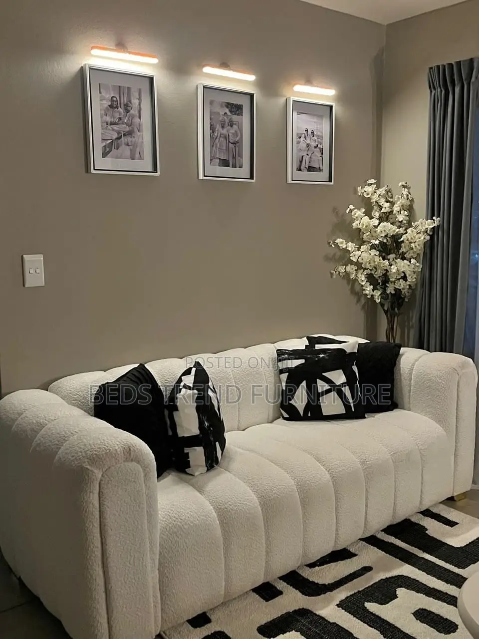 3-Seater Straight Sofa – White Textured Tufted