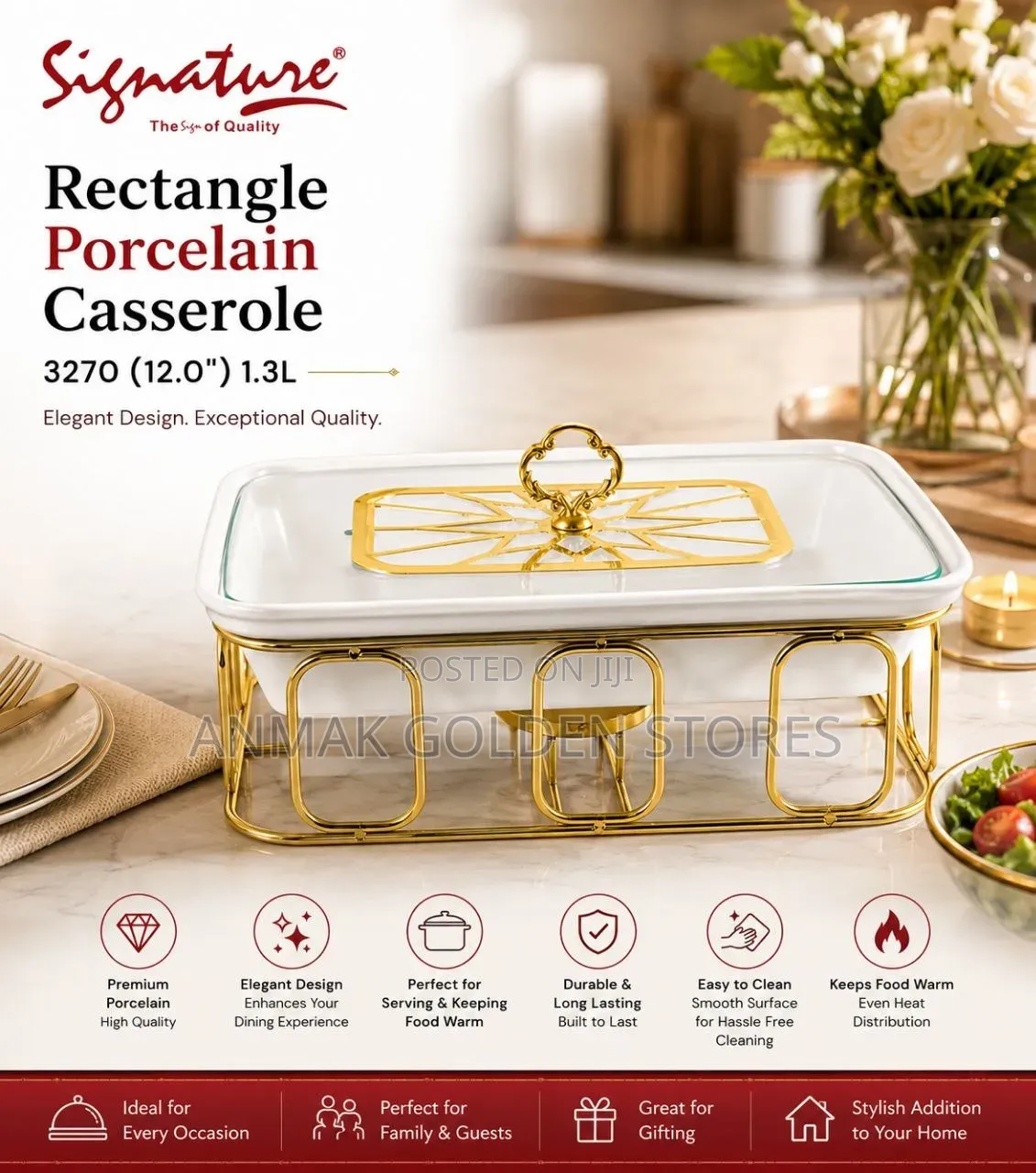 12.0" (1.3 Ltr) Rectangle Ceramic (Porcelain)Casserole With Gold Stand
