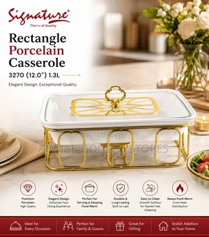 12.0" (1.3 Ltr) Rectangle Ceramic (Porcelain)Casserole With Gold Stand