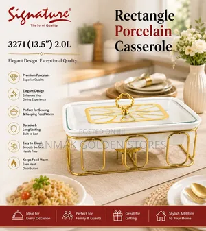 13.5" (2.0 Ltr) Rectangle Ceramic (Porcelain)Casserole With Gold Stand