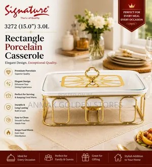 15.0" (3.0 Ltr) Rectangle Ceramic (Porcelain)Casserole With Gold Stand