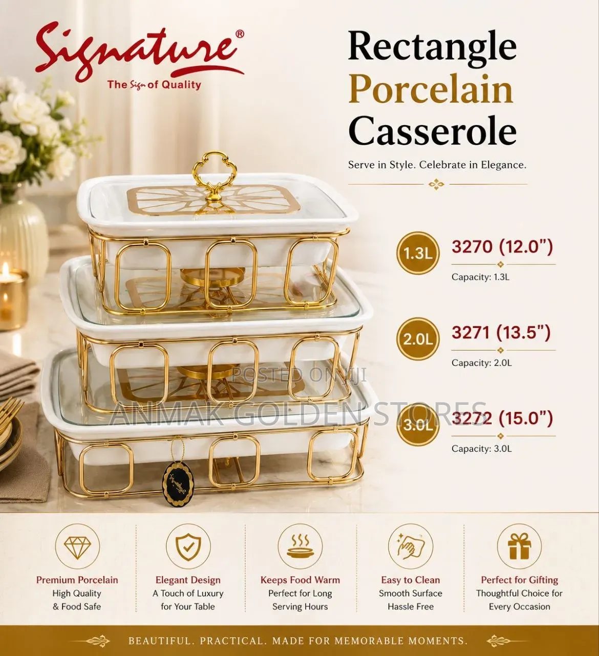 3pcs Rectangle Ceramic (Porcelain) Casserole Set With Gold Stands