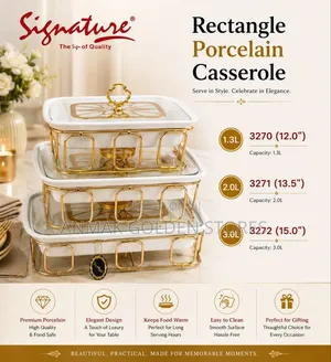 3pcs Rectangle Ceramic (Porcelain) Casserole Set With Gold Stands