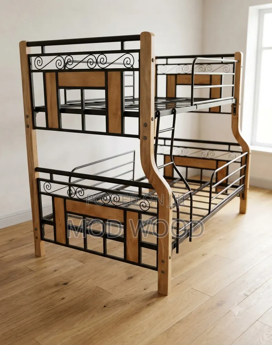 Modern Metal and Wood Double Decker Bunk Bed