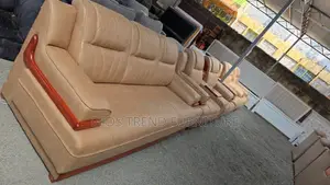 7-Seater Semi Recliner Sofa – Tan Leather With Wooden Trim