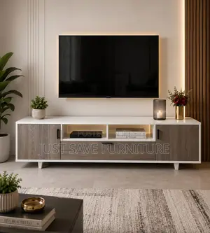 Modern 5FT White Grey Wooden TV Stand With Storage Cabinets