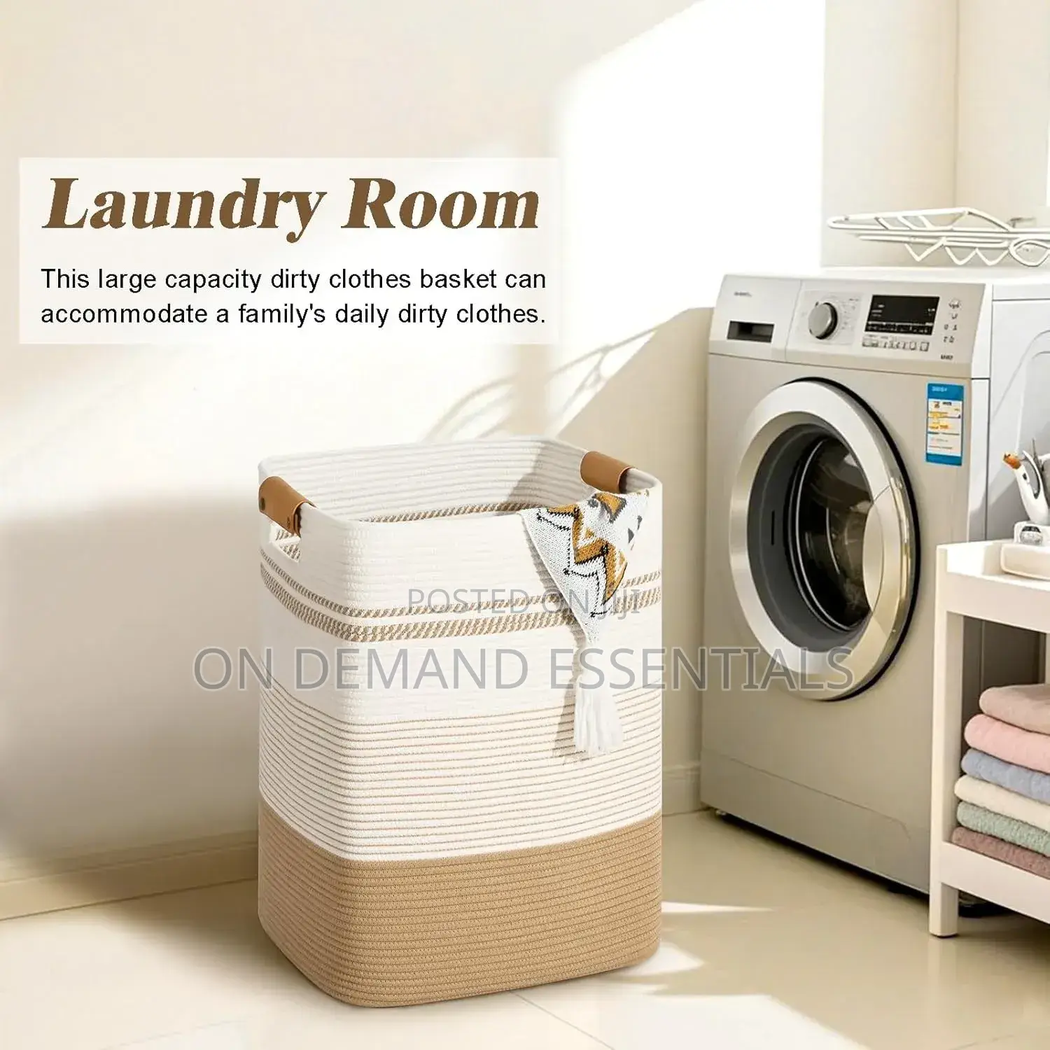 Cotton Rope Woven Laundry Hamper With Leather Handles