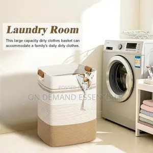 Cotton Rope Woven Laundry Hamper With Leather Handles